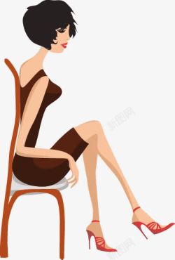 手绘黑发时尚女郎坐椅素材