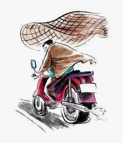 彩绘手绘卡通风格骑着摩托车逃跑素材