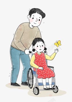 卡通的轮椅爸爸推着女儿捉蝴蝶高清图片