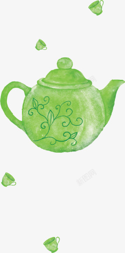 绿色水彩手绘茶壶矢量图素材