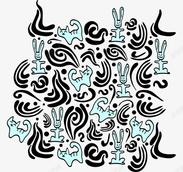 卡通手绘猫兔子图案矢量图ai免抠素材_88icon https://88icon.com 卡通的动物 平面动物素材 手绘的兔子 手绘的猫 猫兔子图案 矢量图