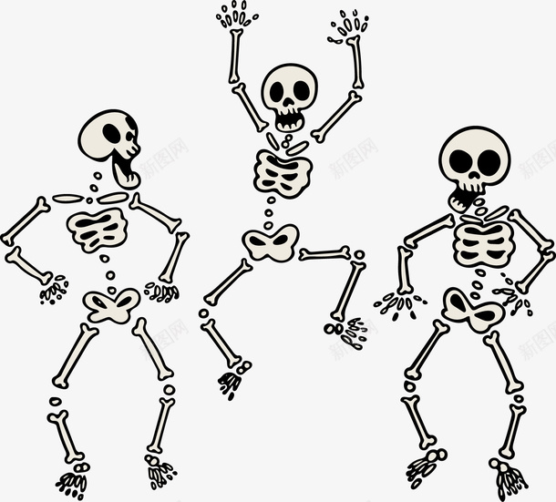 手绘三个跳舞的骷髅骨架矢量图ai免抠素材_88icon https://88icon.com 人形骨架 手绘 矢量图 骨架 骷髅 黑白骨架