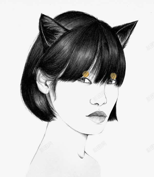 手绘人物png免抠素材_88icon https://88icon.com 女孩 猫耳朵 素描 黑白