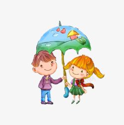 卡通男孩女孩撑伞素材