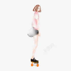 卡通手绘玩滑板的女孩素材