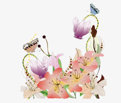花丛中的蝴蝶和萤火虫矢量图素材