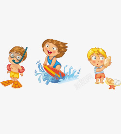 在海边玩耍的卡通男孩女孩素材