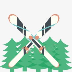 卡通滑雪工具与树林素材