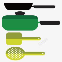 平底锅炒菜锅和勺子矢量图素材
