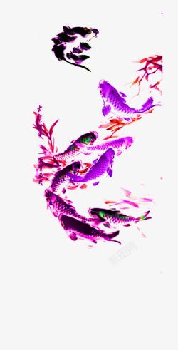 紫色水墨鱼素材
