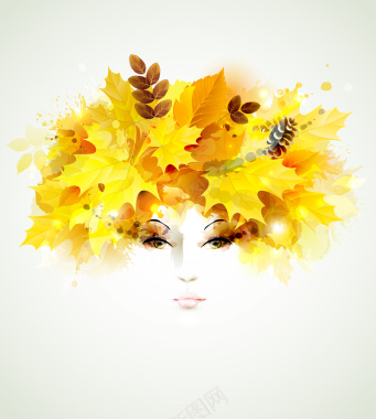 黄色树叶美女头像美容海报矢量背景背景