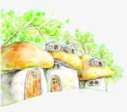 手绘黄色漫画蘑菇房子素材