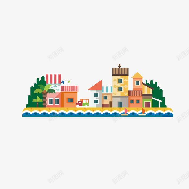 海边建筑png免抠素材_88icon https://88icon.com 小镇 彩色建筑 蓝色水面