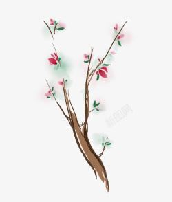 手绘粉色桃树背景装饰素材