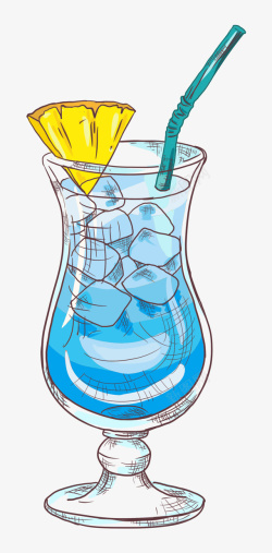 手绘卡通蓝色冰镇饮料玻璃杯素材