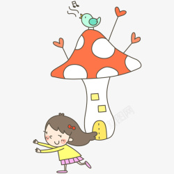 卡通手绘蘑菇房和小女孩素材