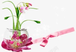 玻璃花瓶小花粉色蝴蝶结素材