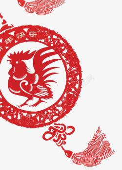 红色中国结和公鸡剪纸素材