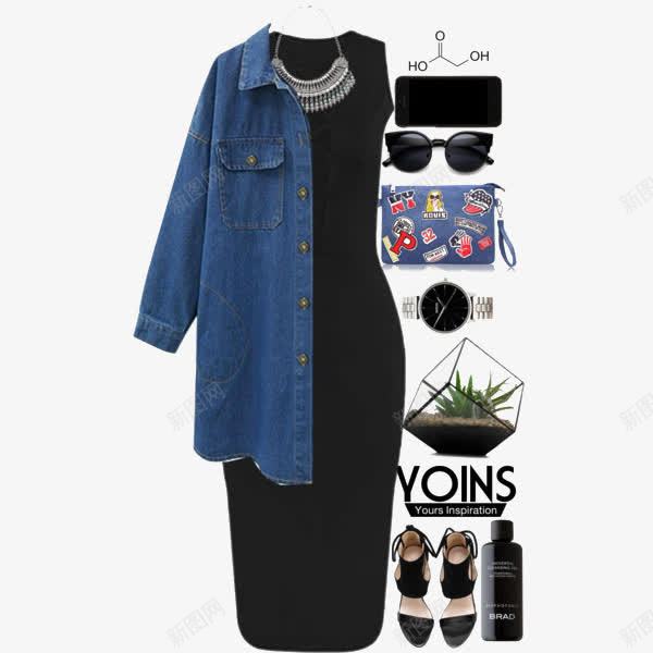 牛仔外套和黑色连衣裙png免抠素材_88icon https://88icon.com 服装搭配 牛仔外套 黑色连衣裙