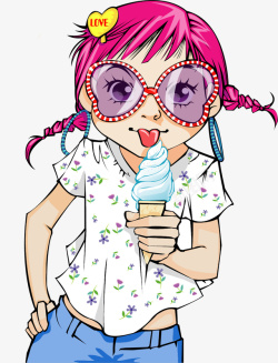 手绘吃冰淇淋的女孩矢量图素材