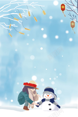 冬季旅游蓝色卡通旅游宣传堆雪人海报背景