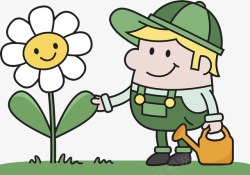 卡通草地上浇花的小男孩素材