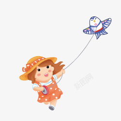 中式风筝春天小女孩放风筝卡通高清图片