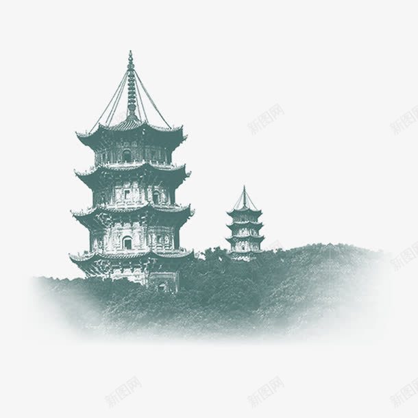 水墨楼景png免抠素材_88icon https://88icon.com 山 树木 树林 楼景 水墨