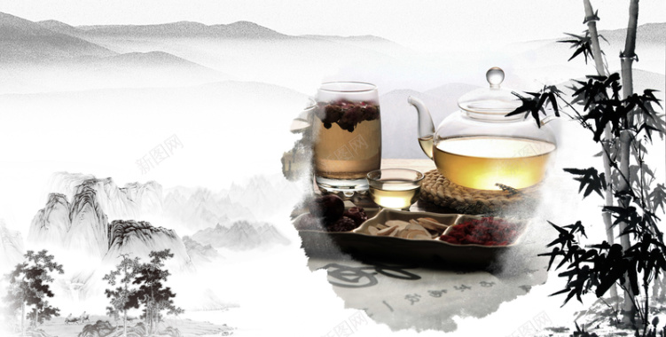 中国风山水茶壶竹子广告背景图背景