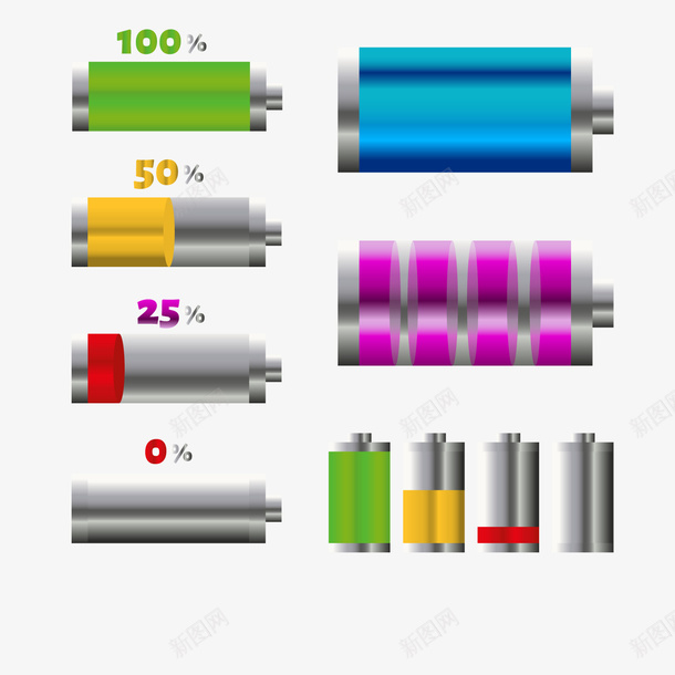 电池电量矢量图ai免抠素材_88icon https://88icon.com 100 充电 彩色 立体 矢量图