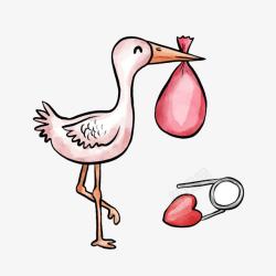 粉红色鸟心形别针手绘水彩婴儿用素材