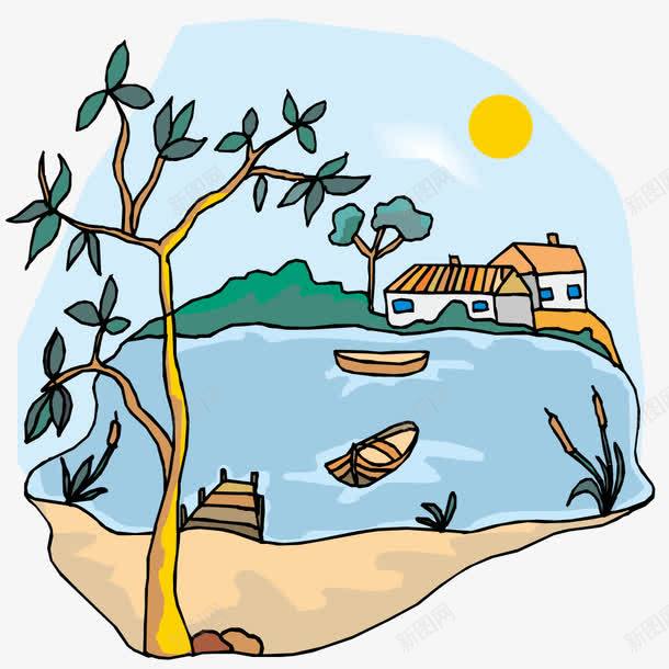 度假风景手绘图png免抠素材_88icon https://88icon.com 手绘的船和插画 有山的风景 有树木的风景插画