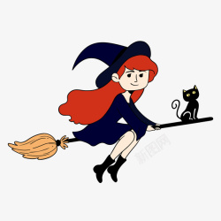 卡通可爱万圣节女巫扫帚黑猫矢量图素材