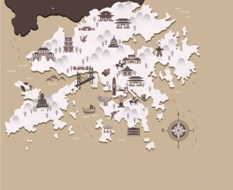 手绘矢量旅游香港景点地图灰色海报背景背景