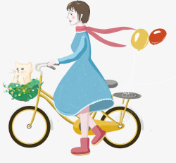 春天卡通手绘骑自行车的女孩素材