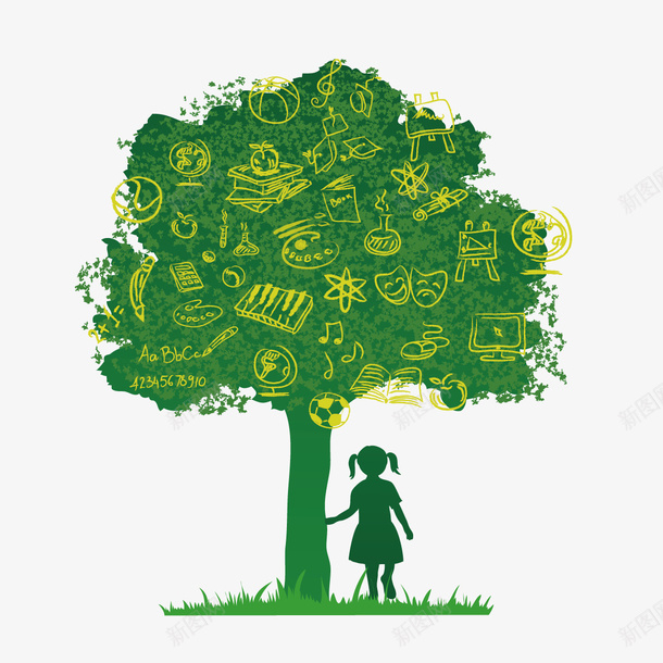 树下的女孩矢量图ai免抠素材_88icon https://88icon.com 创意树 女孩 学习用品 树 矢量图