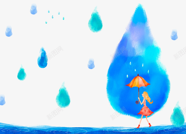 水彩蓝色雨滴png免抠素材_88icon https://88icon.com 下雨 卡通雨点 手绘 打伞的女孩 水彩 蓝色雨滴 雨水 雨滴