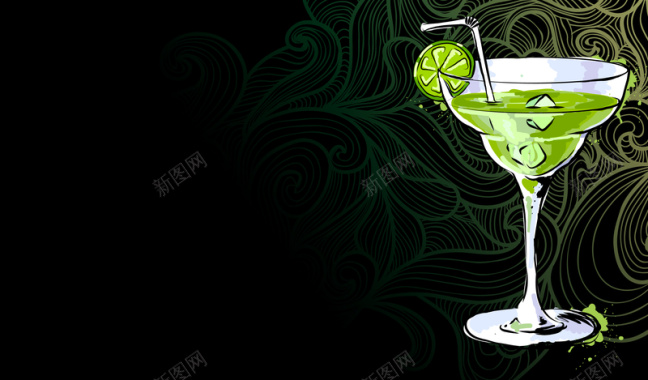 手绘绿色鸡尾酒柠檬食品饮料酒吧背景矢量图背景