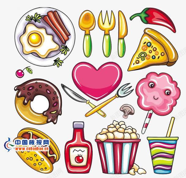 卡通食品图案png免抠素材_88icon https://88icon.com 勺子 卡通食品图案 可乐 爆米花 面包 食品装饰画 鸡蛋