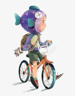 卡通骑自行车小男生素材