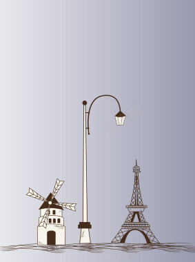 创意手绘路灯风车铁塔旅游海报背景矢量图背景