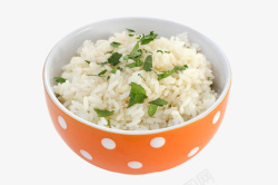 大米饭碗桔色波点碗里的蒸米饭高清图片