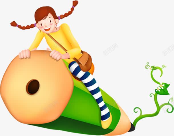 手绘绿铅笔小女孩png免抠素材_88icon https://88icon.com 女孩 铅笔