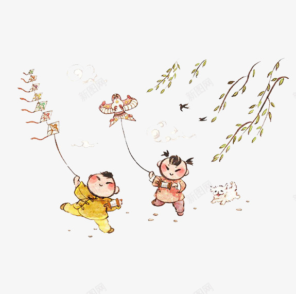放飞风筝的孩子们png免抠素材_88icon https://88icon.com 水彩 童年 童趣 风筝