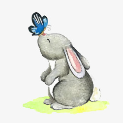 水彩绘灰色兔子蝴蝶素材