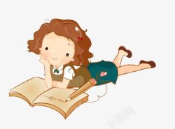 趴在地上读书的女孩素材