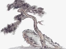 中国古风水墨岩树素材
