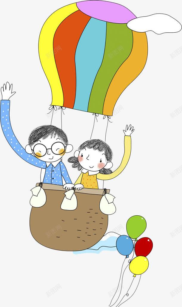 坐热气球的男孩和女孩png免抠素材_88icon https://88icon.com 卡通 女孩 开心 彩色 微笑 手绘 热气球 男孩 眼镜