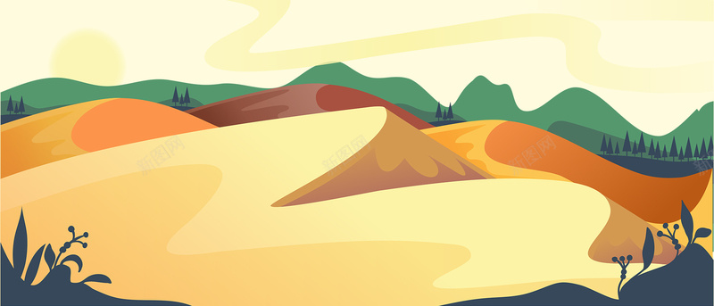 暑假旅游电商山脉黄色背景背景