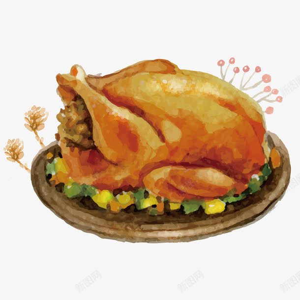 烤全鸡png免抠素材_88icon https://88icon.com 手绘 盘子 食物 鸡肉